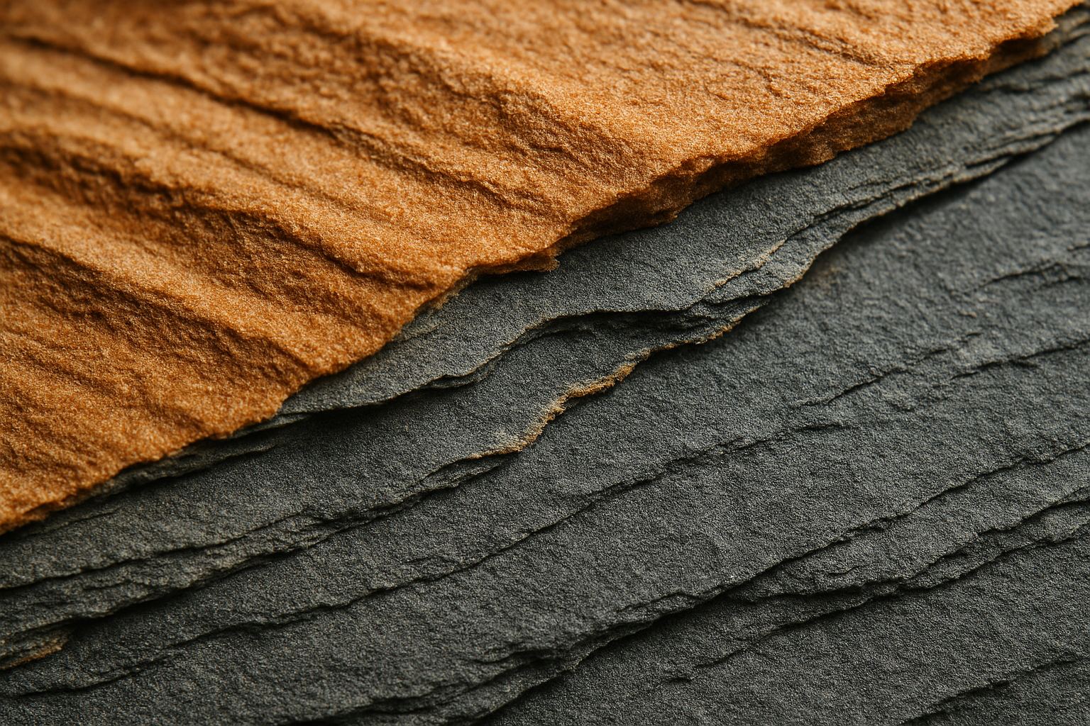 Layered mineral strata in warm sand and cold grey stone