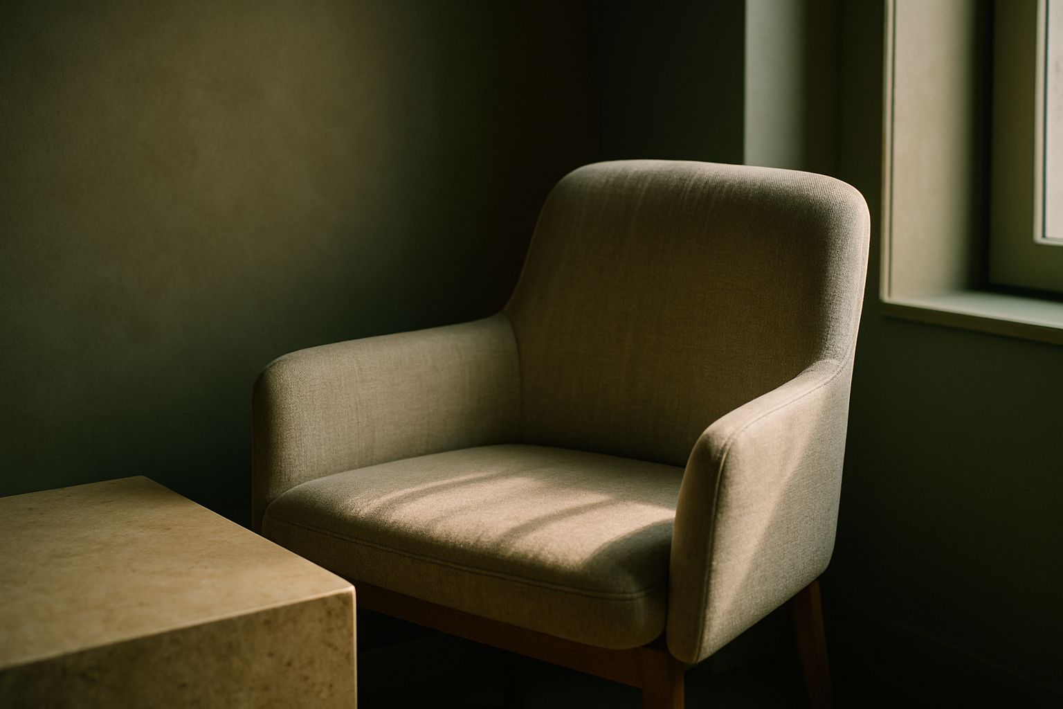 Two empty chairs facing each other in low northern light